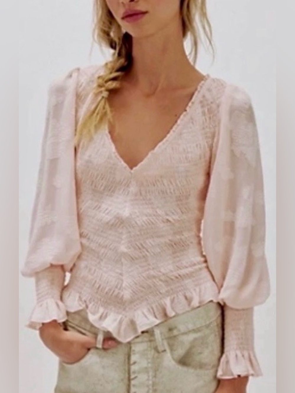 Free People Smocked In Love Long Sleeve Top. NWT. Peach
